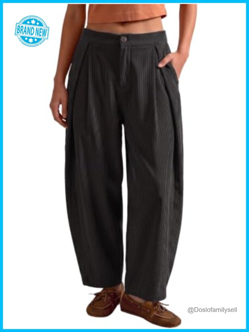 Corduroy Barrel Pants High Waisted Wide Leg Cotton Blend Pull On Trousers
